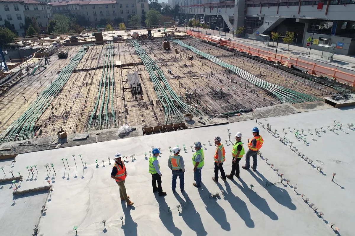 Reinforced concrete slab and rebar on a construction site